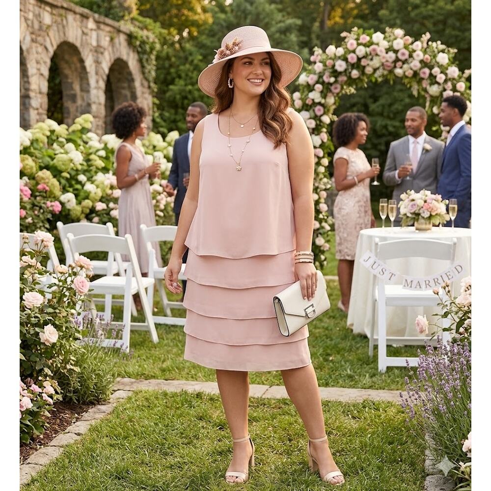 Midnight Velvet Blush Pink Tiered Sheath Dress Garden Wedding Guest Chic Size 16